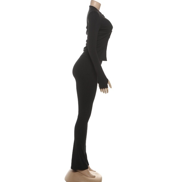 Hollow Out Long Sleeve Top Slim Fit Pant Set