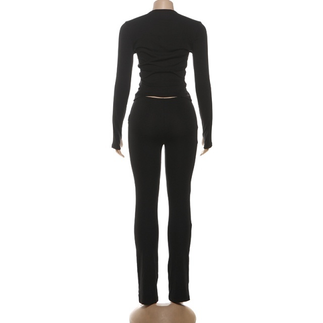Hollow Out Long Sleeve Top Slim Fit Pant Set