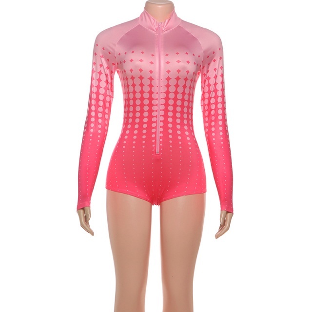 Printed Style Long Sleeve Zipper Up Tight Romper