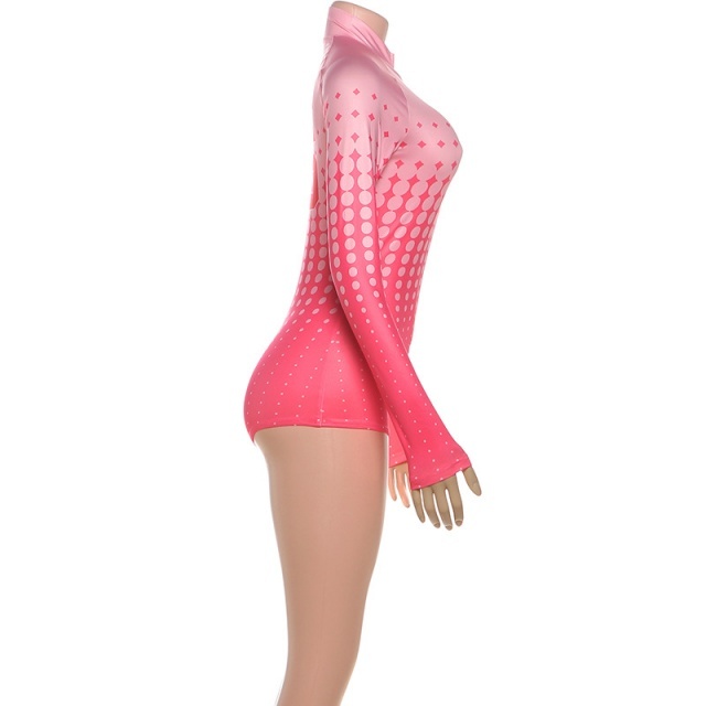 Printed Style Long Sleeve Zipper Up Tight Romper