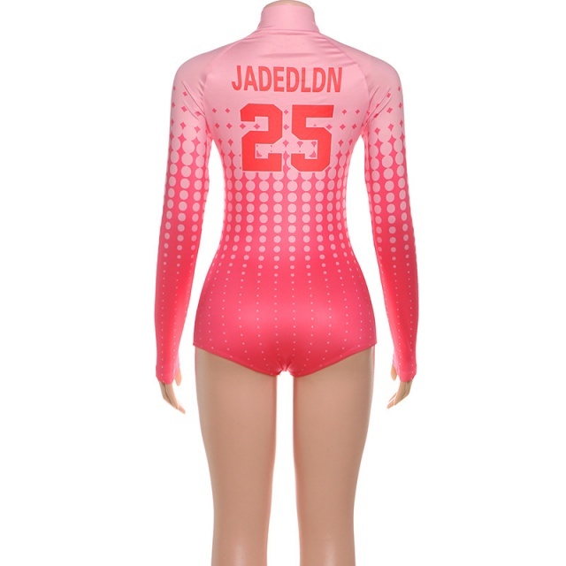 Printed Style Long Sleeve Zipper Up Tight Romper