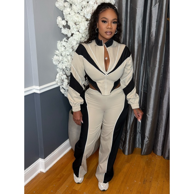 Colorblock Zipper Up Jacket Top Two Pieces Pant Set