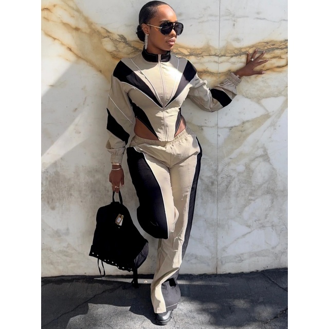Colorblock Zipper Up Jacket Top Two Pieces Pant Set