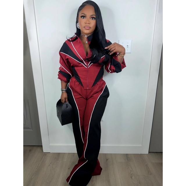 Colorblock Zipper Up Jacket Top Two Pieces Pant Set