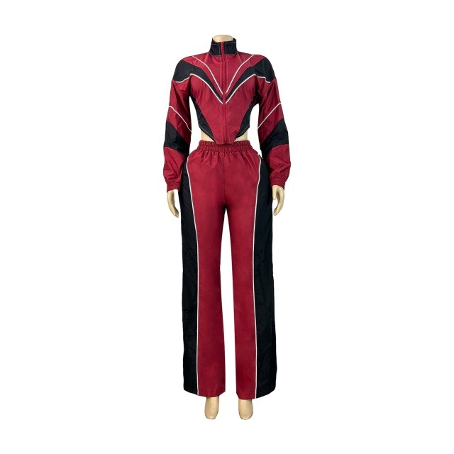 Colorblock Zipper Up Jacket Top Two Pieces Pant Set