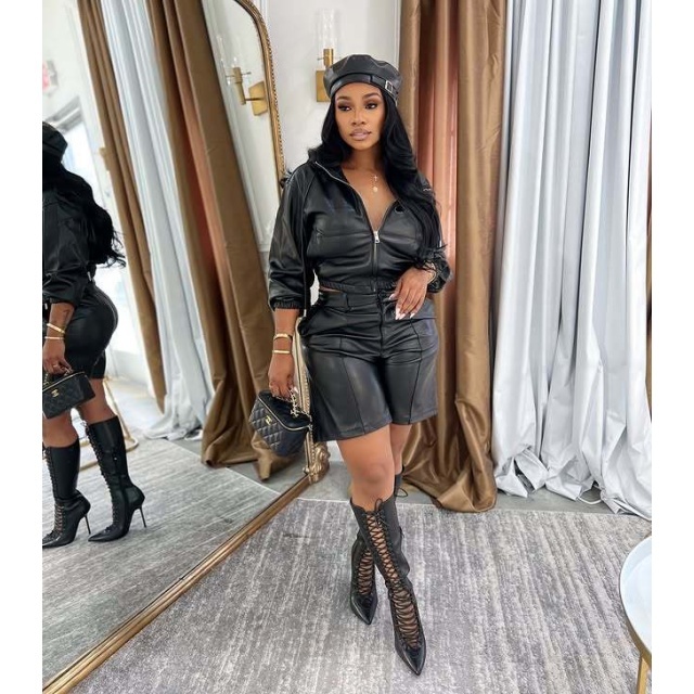 PU Leather Hooded Zipper Up Jacket Top Two Pieces Short Set