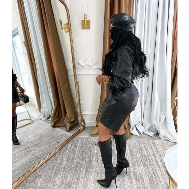 PU Leather Hooded Zipper Up Jacket Top Two Pieces Short Set
