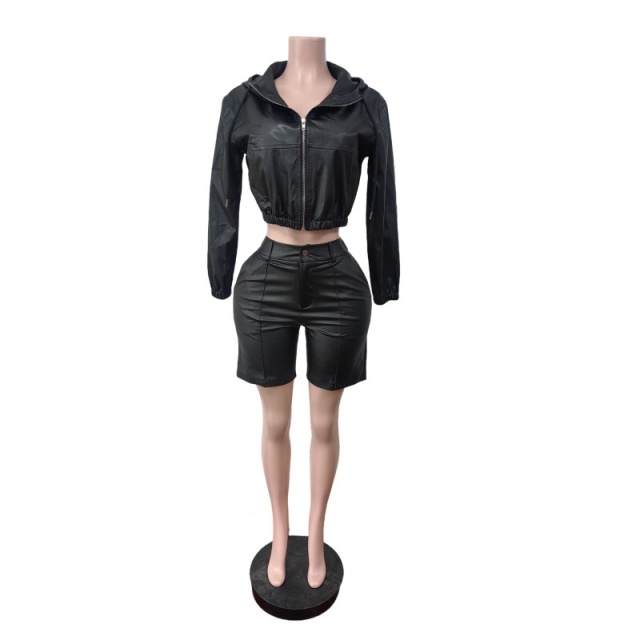 PU Leather Hooded Zipper Up Jacket Top Two Pieces Short Set