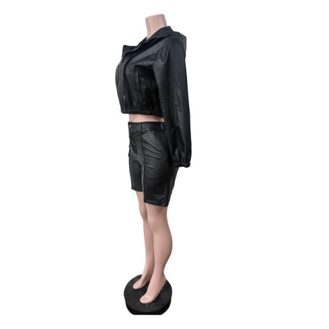 PU Leather Hooded Zipper Up Jacket Top Two Pieces Short Set