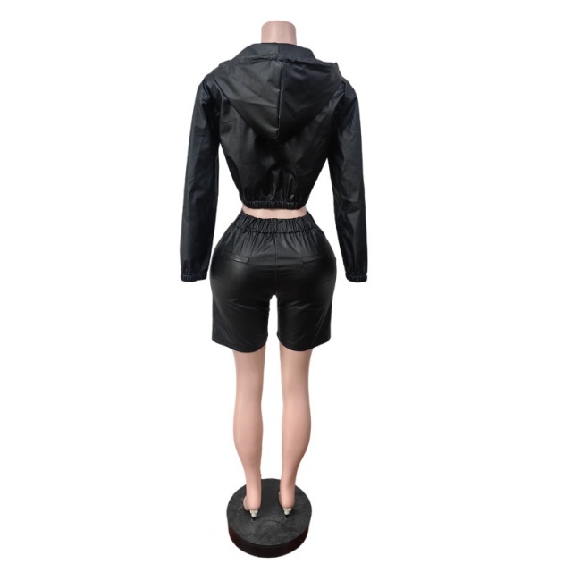 PU Leather Hooded Zipper Up Jacket Top Two Pieces Short Set