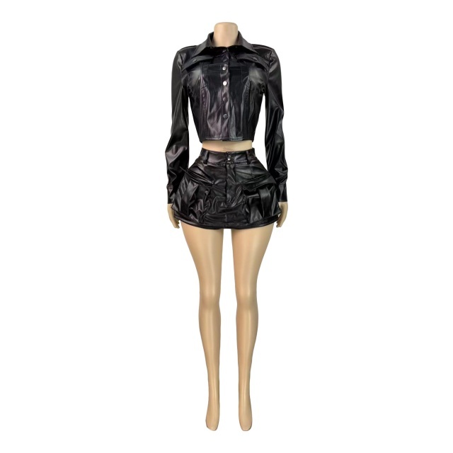 Shinny PU Leather Buttons Down Jacket Top Skirt Shorts Set