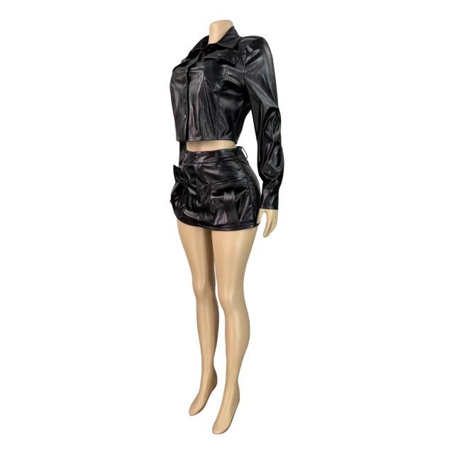 Shinny PU Leather Buttons Down Jacket Top Skirt Shorts Set