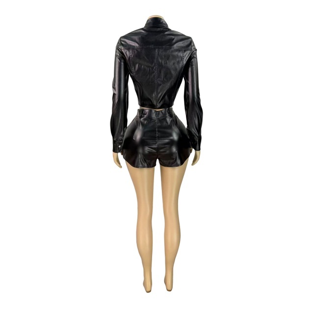 Shinny PU Leather Buttons Down Jacket Top Skirt Shorts Set