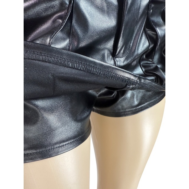 Shinny PU Leather Buttons Down Jacket Top Skirt Shorts Set