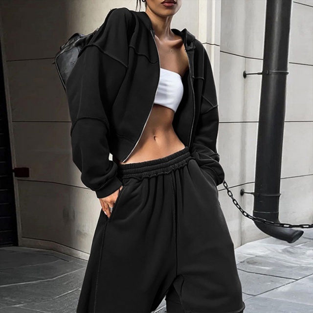 Casual Style Hooded Zipper Up Top Loose Pant Set