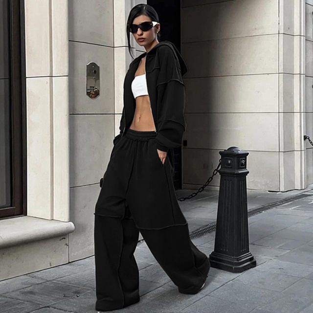 Casual Style Hooded Zipper Up Top Loose Pant Set