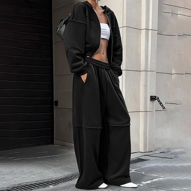 Casual Style Hooded Zipper Up Top Loose Pant Set