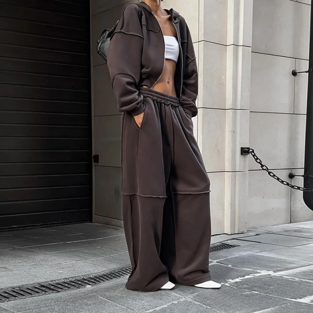 Casual Style Hooded Zipper Up Top Loose Pant Set