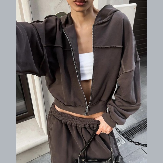 Casual Style Hooded Zipper Up Top Loose Pant Set
