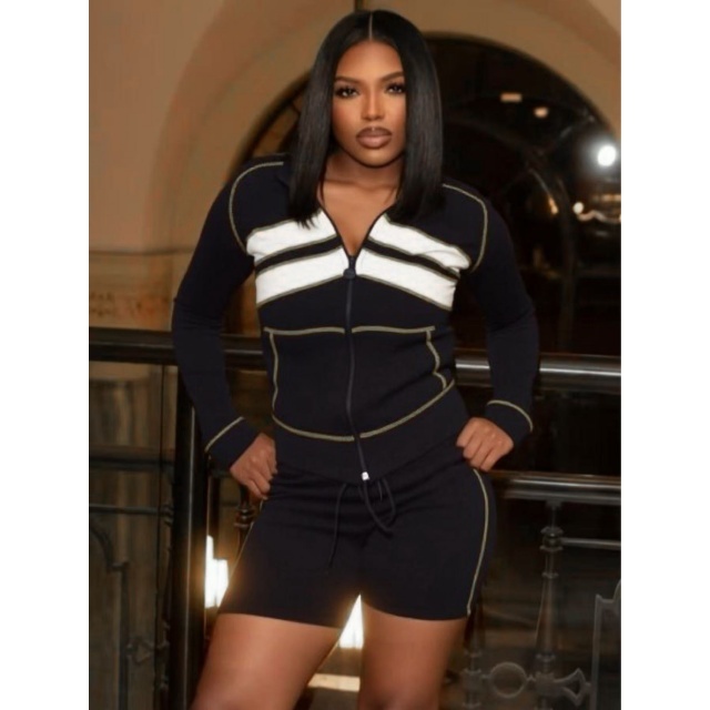 Contrast Color Zipper Up Top Two Pieces Short Set