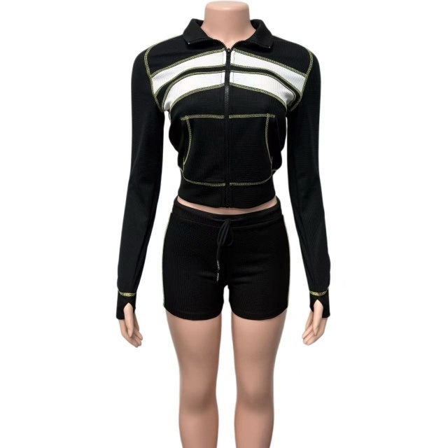Contrast Color Zipper Up Top Two Pieces Short Set
