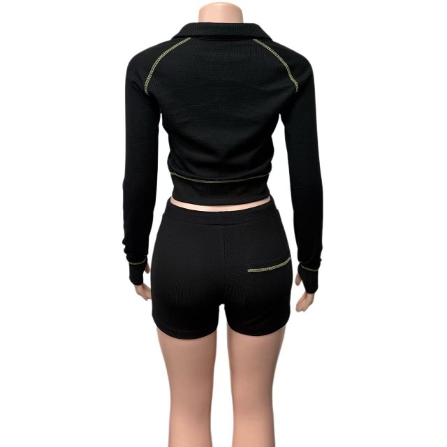 Contrast Color Zipper Up Top Two Pieces Short Set