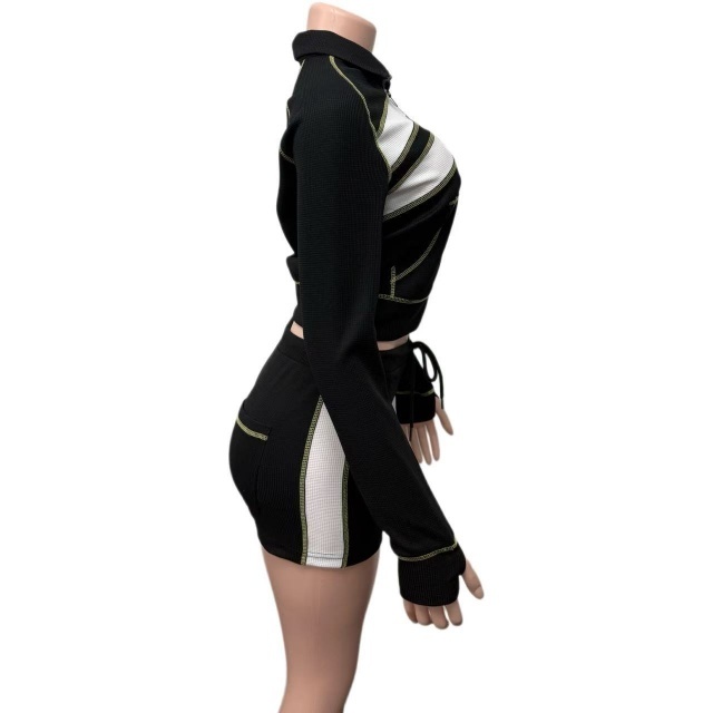 Contrast Color Zipper Up Top Two Pieces Short Set