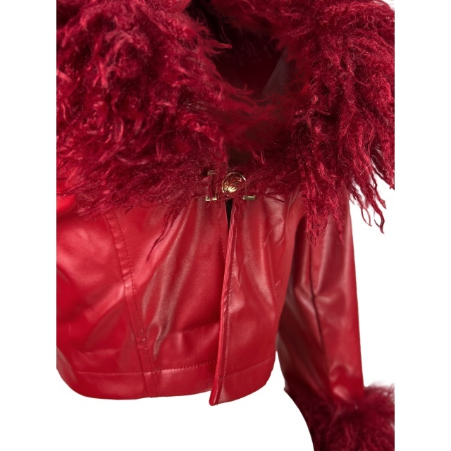 Detachable Plush Collar Buckle Fitted Leather Jacket