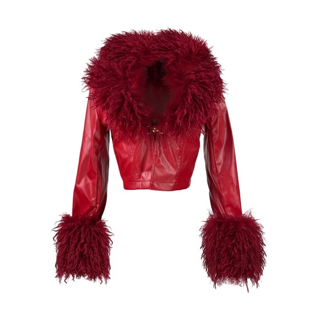 Detachable Plush Collar Buckle Fitted Leather Jacket