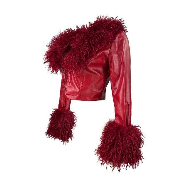Detachable Plush Collar Buckle Fitted Leather Jacket