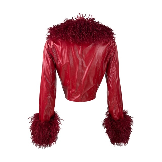 Detachable Plush Collar Buckle Fitted Leather Jacket