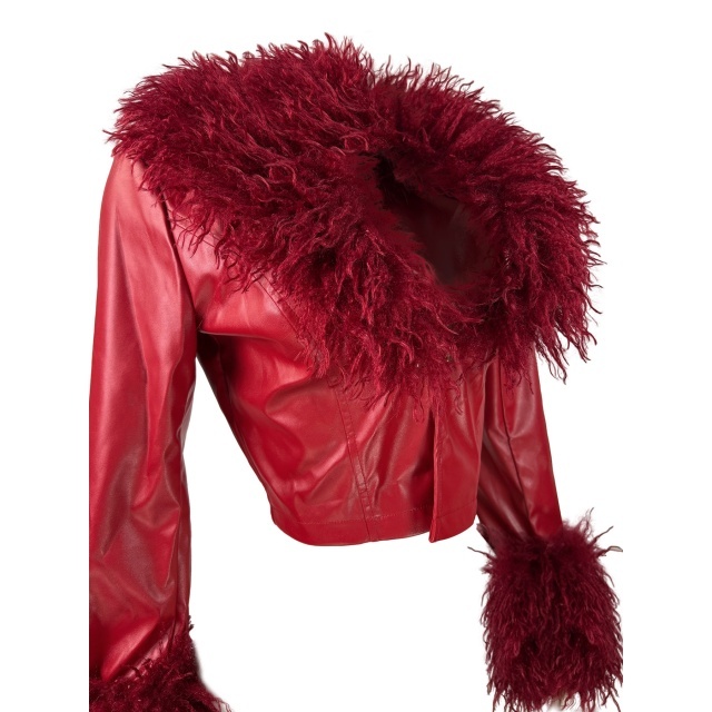 Detachable Plush Collar Buckle Fitted Leather Jacket