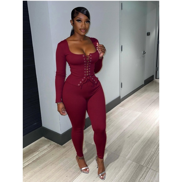 Hollow Out Laced-up Top Slim Fit Pant Set