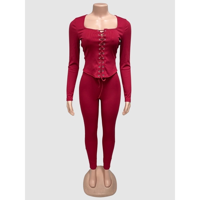Hollow Out Laced-up Top Slim Fit Pant Set