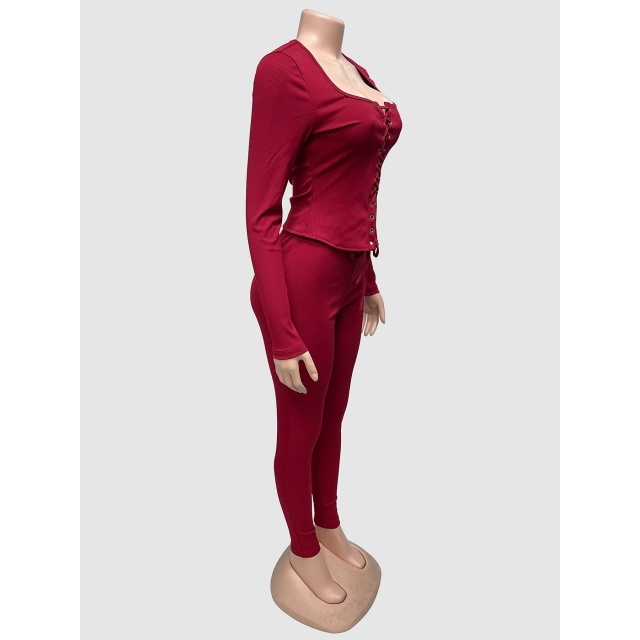 Hollow Out Laced-up Top Slim Fit Pant Set