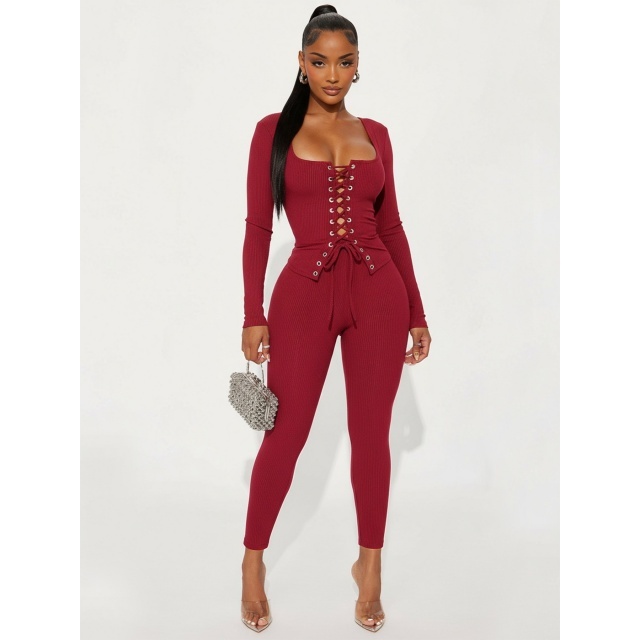 Hollow Out Laced-up Top Slim Fit Pant Set