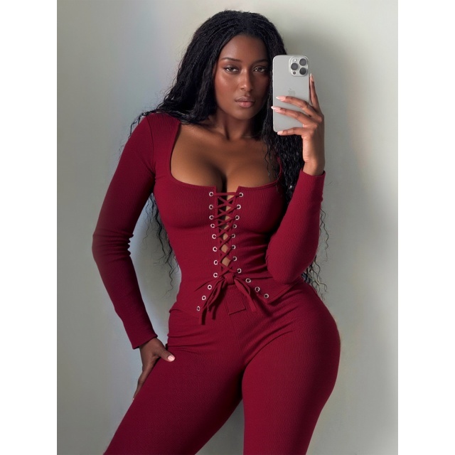 Hollow Out Laced-up Top Slim Fit Pant Set