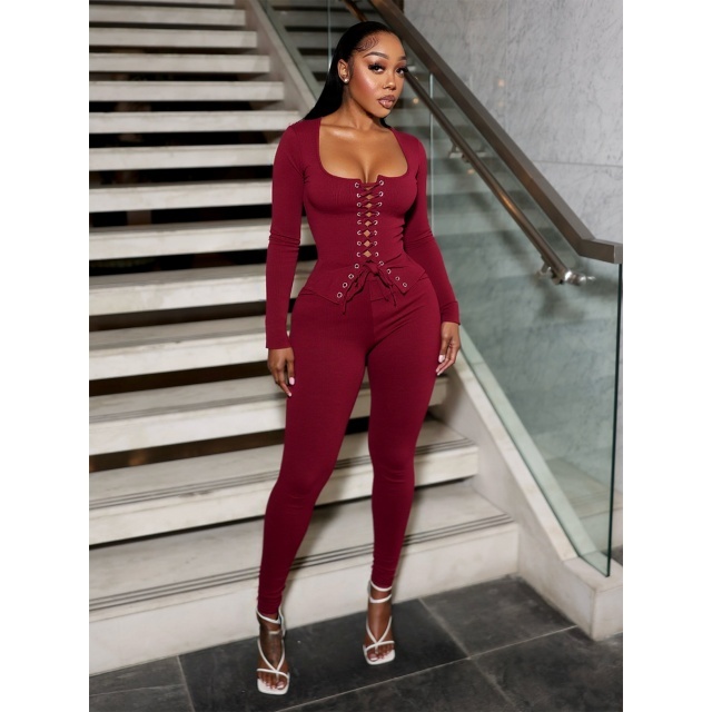Hollow Out Laced-up Top Slim Fit Pant Set