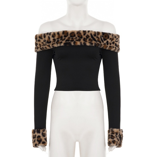 Leopard Print Fuzzy Off-shoulder Top Two Pieces Pant Set