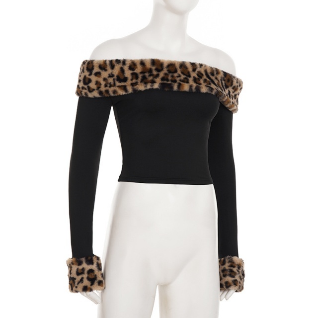 Leopard Print Fuzzy Off-shoulder Top Two Pieces Pant Set
