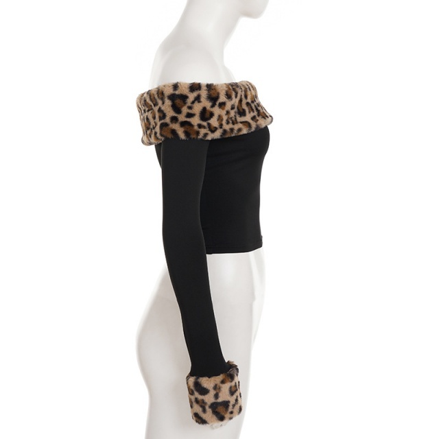 Leopard Print Fuzzy Off-shoulder Top Two Pieces Pant Set
