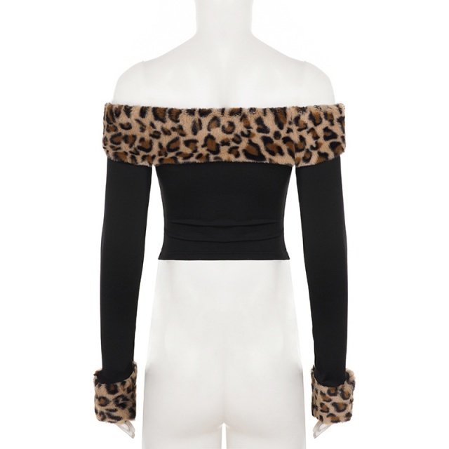 Leopard Print Fuzzy Off-shoulder Top Two Pieces Pant Set
