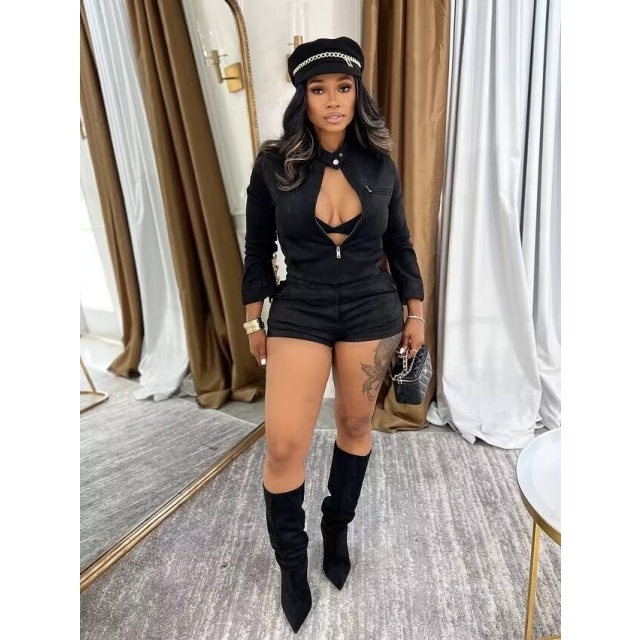 Long-sleeved Stretch Suede Shorts Suit
