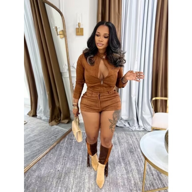 Long-sleeved Stretch Suede Shorts Suit