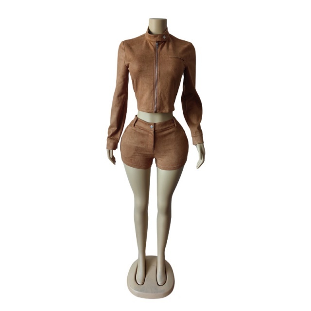 Long-sleeved Stretch Suede Shorts Suit