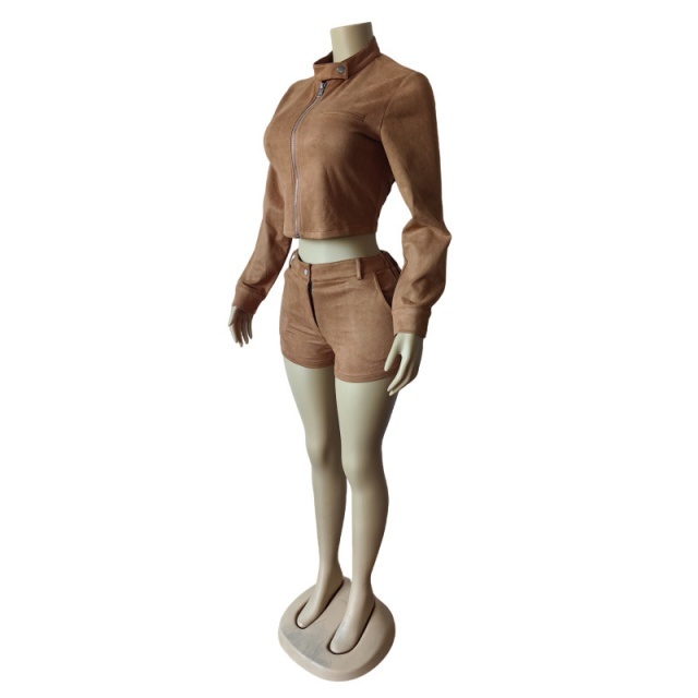 Long-sleeved Stretch Suede Shorts Suit