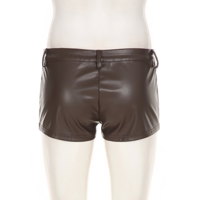 PU Leather Low-rise Tight Shorts with Fuzzy Belt