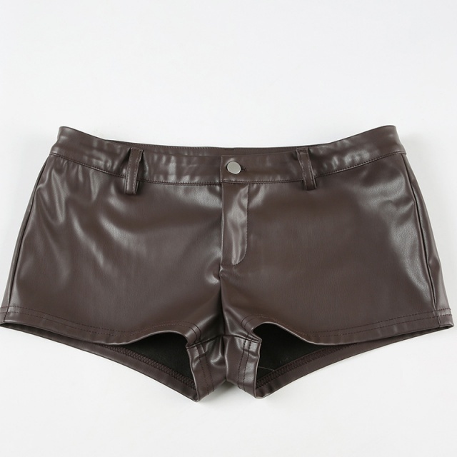 PU Leather Low-rise Tight Shorts with Fuzzy Belt