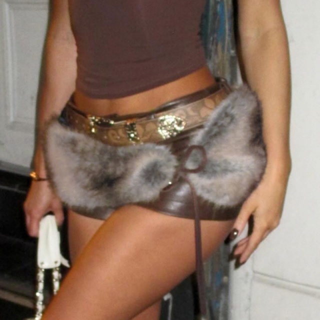 PU Leather Low-rise Tight Shorts with Fuzzy Belt