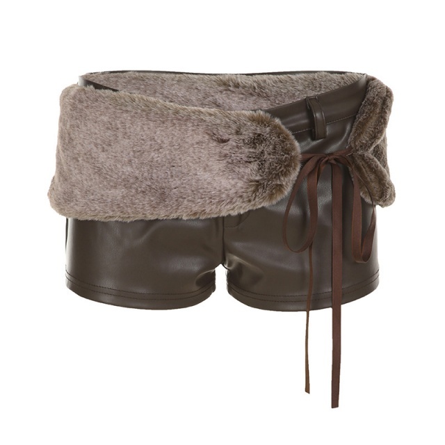 PU Leather Low-rise Tight Shorts with Fuzzy Belt